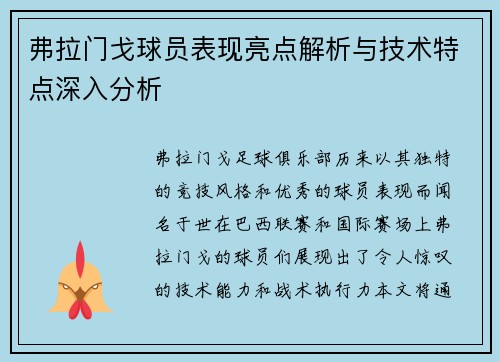 弗拉门戈球员表现亮点解析与技术特点深入分析