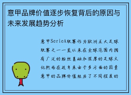 意甲品牌价值逐步恢复背后的原因与未来发展趋势分析