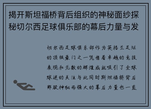 揭开斯坦福桥背后组织的神秘面纱探秘切尔西足球俱乐部的幕后力量与发展历程