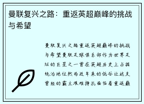 曼联复兴之路：重返英超巅峰的挑战与希望